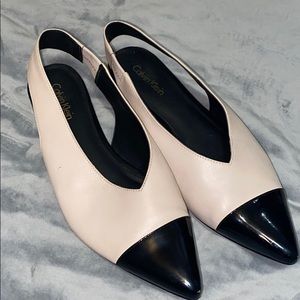 CK sling back flat shoe with patent leather toe